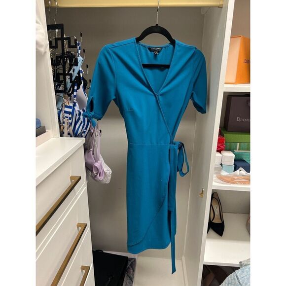 Banana Republic Teal Blue V-neck Tie Wrap Front Dress Tulip Hem size 0 - Picture 1 of 5